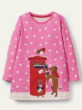 Mini Boden Pink Appliqué Holiday Mailbox Dress Sz 7-8